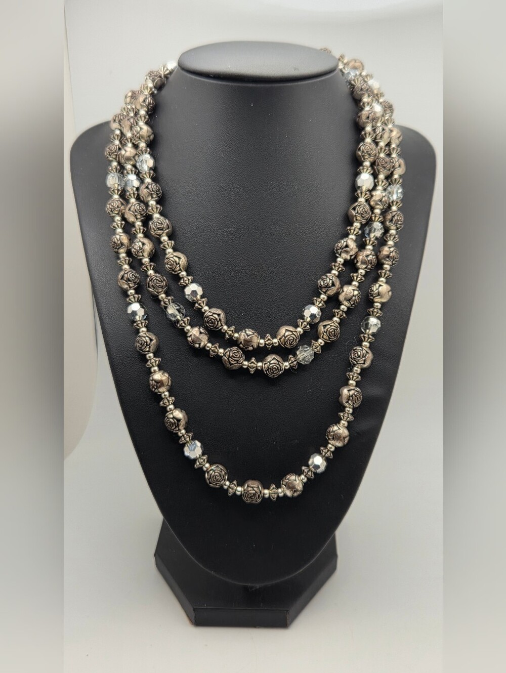 Vintage Long Silver Rose Bead Necklace - Elegant Women's Jewelry